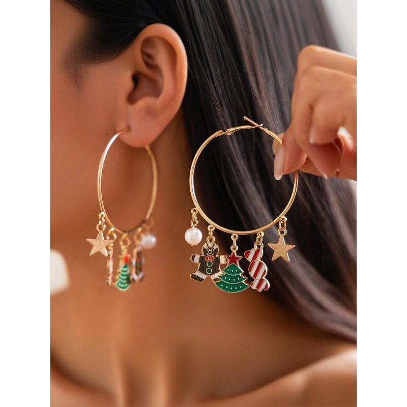 Women's Christmas Gingerbread and Snowflake Charm Necklace and Earrings and Bracelet  with Gold Chain - Cute Holiday Jewelry for Christmas Celebrations3