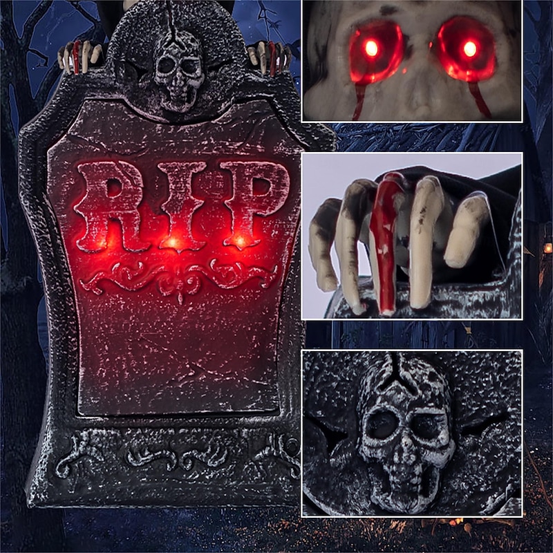 Halloween Animated Tombstone Props Light Up and Sound Activated Ghost Graveyard Decoration Motorized Rising Grim Reaper Ghost Outdoor or Bar Scene Decoration Haunted House
