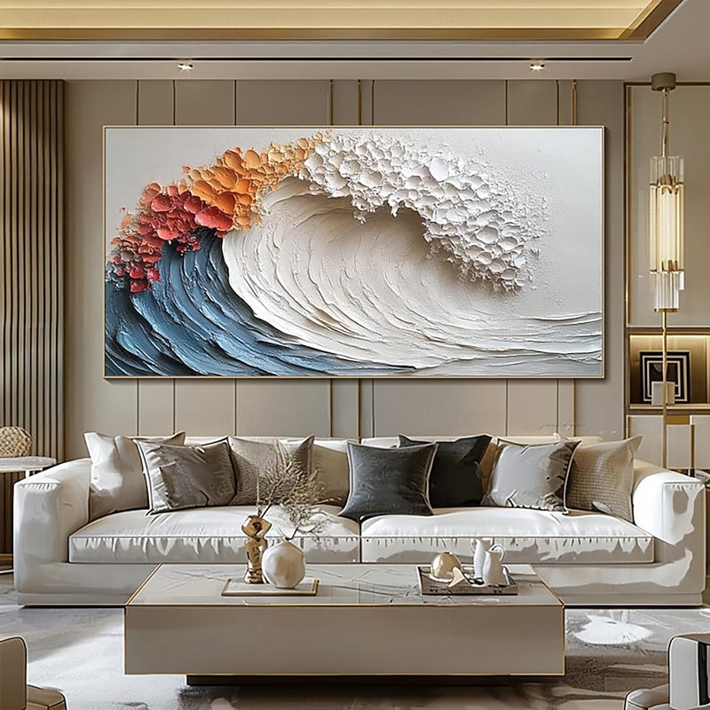 Handmade Oil Painting Hand Painted Horizontal Abstract Thick Oil-Texture Waves Landscape Modern Living Room Home Decoration Rolled Canvas (No Frame)