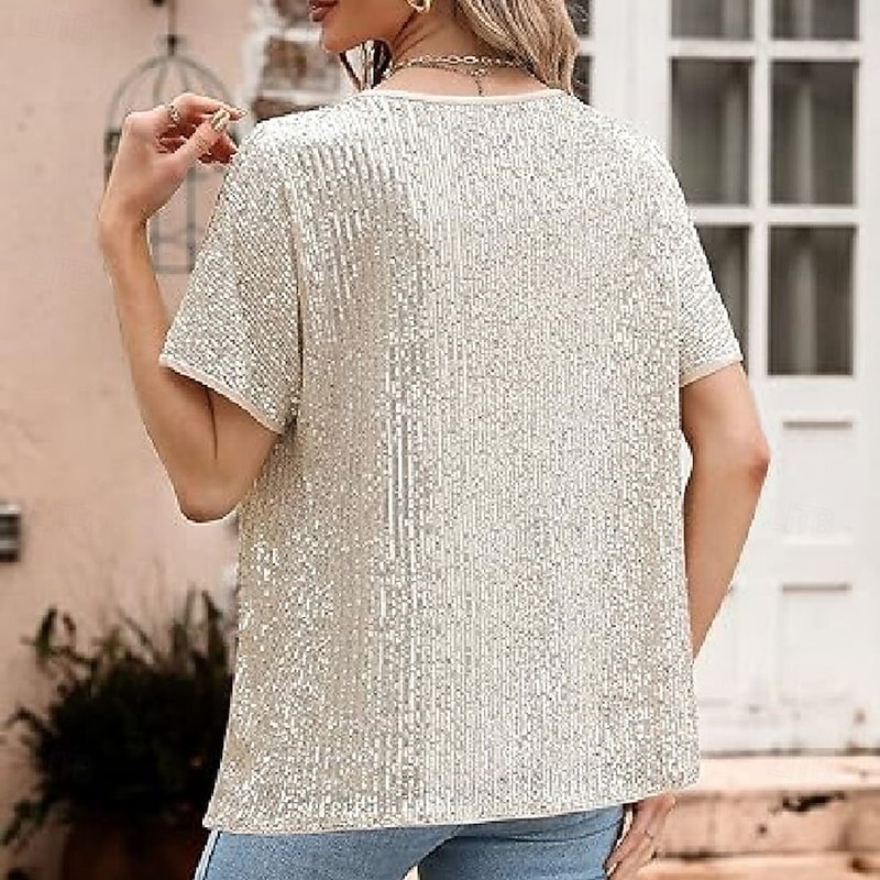 Women's Sequin Sparkly Party Glitter Sparkly Fashion Modern Short Sleeve Crew Neck Regular Tops Daily Weekend Sequins Silver Black Pink Wine Green Summer4