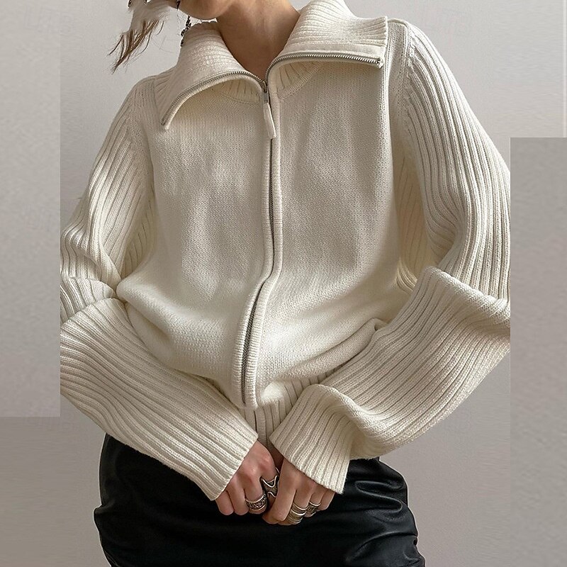 Women's Sweater Cardigan Fashion Streetwear Daily Solid Color Ribbed Turtleneck Zipper Knitted Long Sleeve Long Tops Knit Holiday Going out Weekend White Fall Winter4