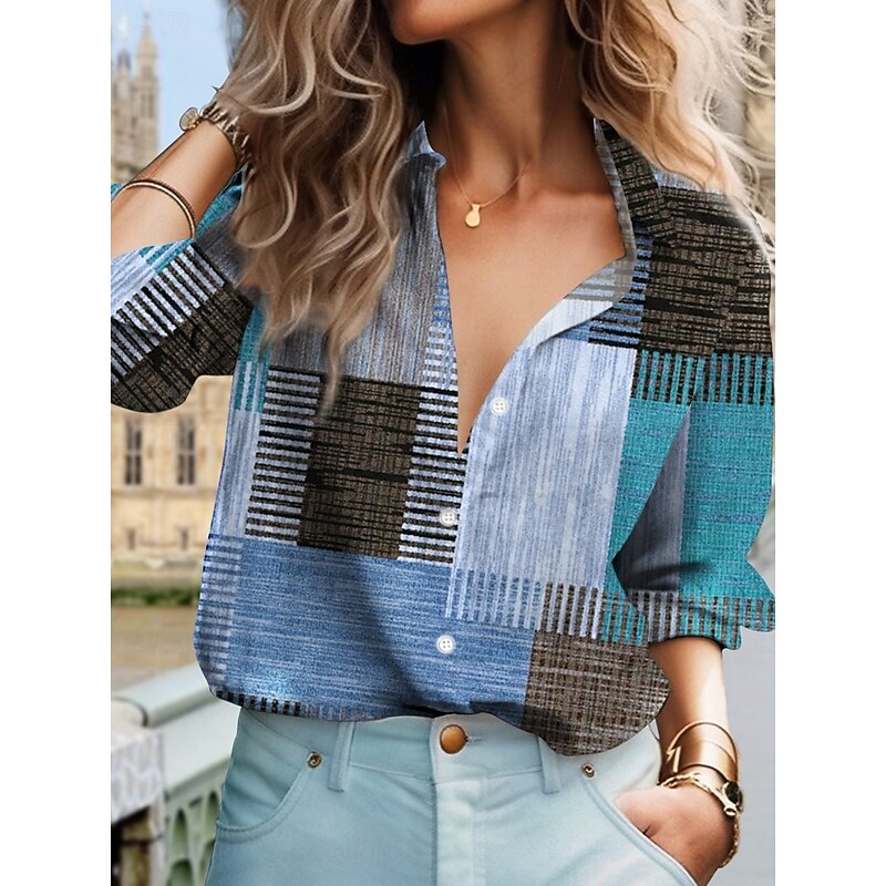 Women's Shirt Button Down Blouse Plaid Stylish Casual Long Sleeve Shirt Button Down Blouse Collar Regular Tops Daily Buttons Print Red Blue Green Khaki Summer Spring3