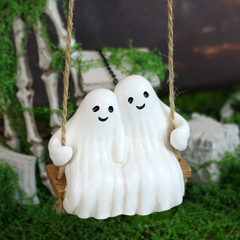 Halloween Swinging Cute Ghost Decoration Couple Statue Pendant Cute White Resin Ornament Suitable for Balcony, Entrance, Living Room, Patio, Garden Decoration4