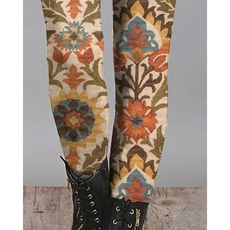 Women's Pants Trousers Leggings Cozy Leggings Streetwear Casual Full Length High Waist Flower Elastic Waist Print Breathability Comfortable Stretchy Vacation Street Daily Wear Orange Spring Fall3