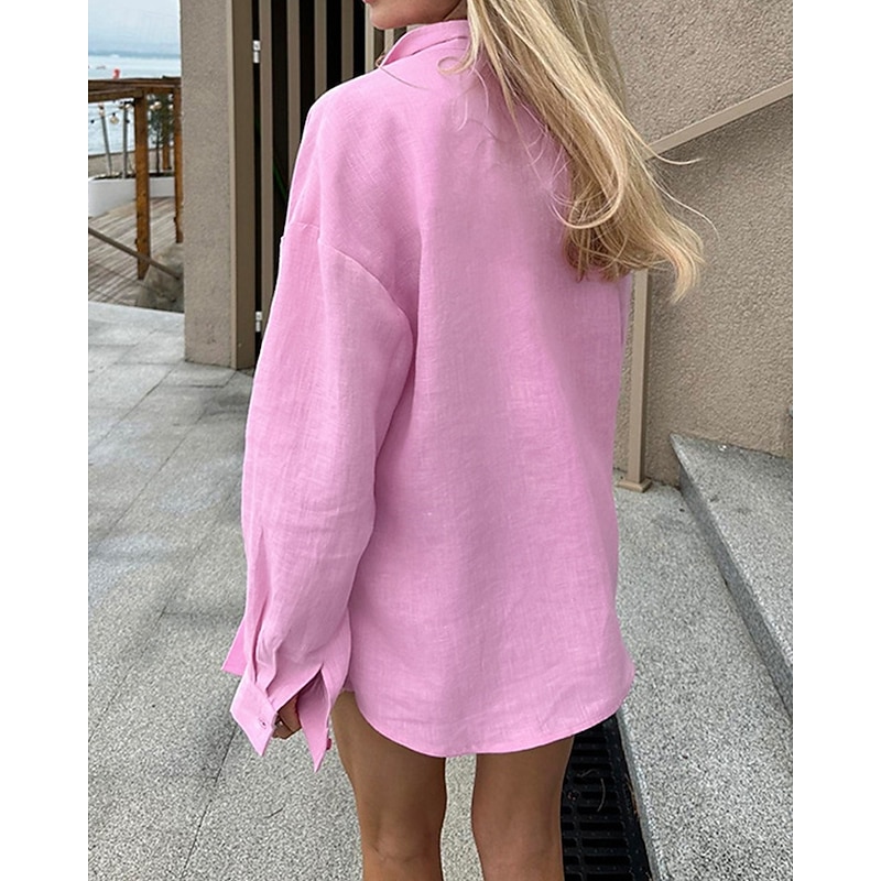 Women's Shirt Cotton Linen Shirts Plain Daily Stylish Basic Long Sleeve Shirt Collar Regular Tops Work Daily Holiday Buttons White Pink Blue Summer Spring3