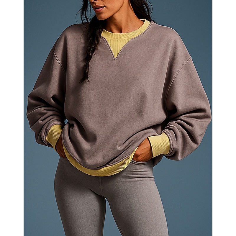 Women's Pullover Sweatshirt Casual Tops Splicing Long Sleeve Top Athleisure Solid Colored Cotton Sun Protection Windproof Hiking Workout Athletic Sportswear Activewear Yellow Burgundy Blue