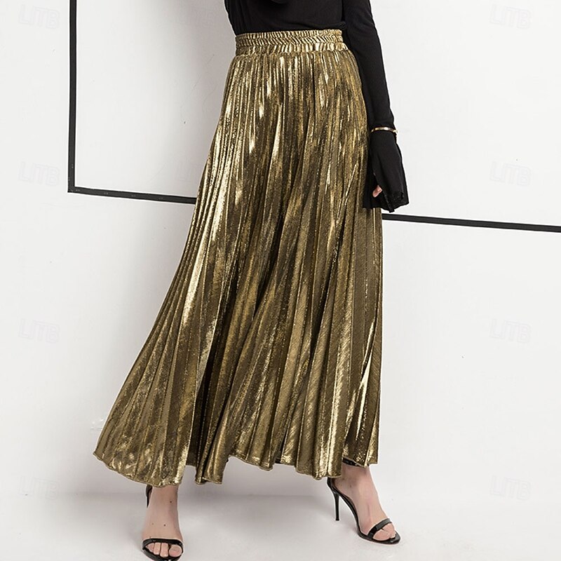 Women's Skirt Fashion Casual Maxi High Waist Skirts Plain Pleated Micro-elastic Casual Daily Weekend Silver Black Golden Red Summer Polyester3