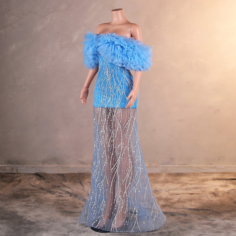 Mermaid / Trumpet Evening Gown Elegant Dress Formal Prom Sweep / Brush Train Sleeveless Off Shoulder Lace with Sequin Embroidery3