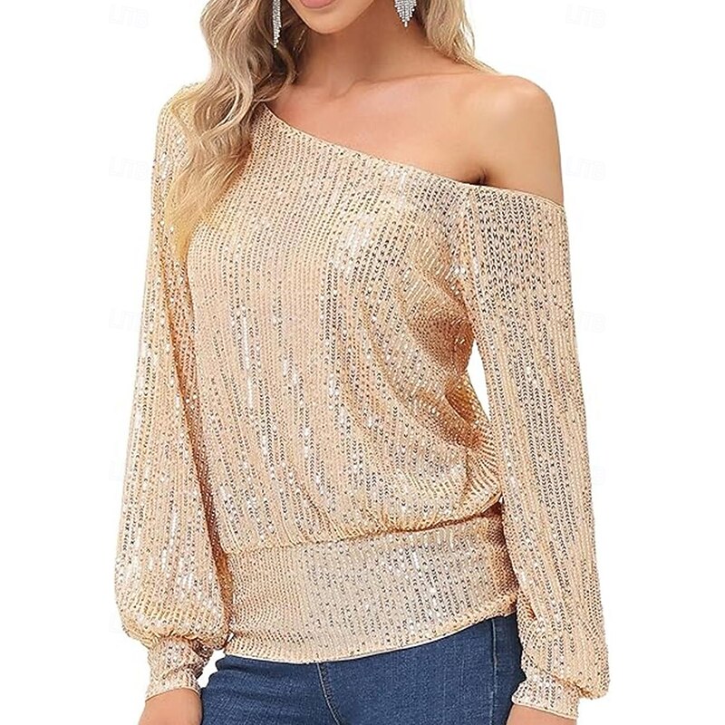 Women's Sequin Sparkly Party Glitter Sparkly Stylish Long Sleeve Cold Shoulder Regular Tops Daily Holiday Sequins Silver Black White Pink Red Spring Fall4