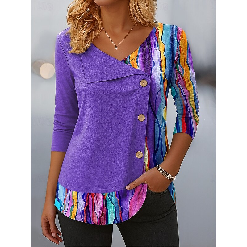 Women's Blouse Tunic V Neck Long Sleeve Buttons Graphic Geometric Plaid Vintage Stylish Casual Crew Neck Asymmetrical Tops Daily Patchwork Print Light Green Pink Red Purple Orange Spring Fall Winter2