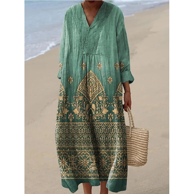 Women's Midi Dress V Neck Long Sleeve Kaftan Lightweight Loose Fit A Line Dress Casual Going out Loose Fit Floral Graphic Paisley Long Sleeve V Neck Navy Pink Red Blue Fall2