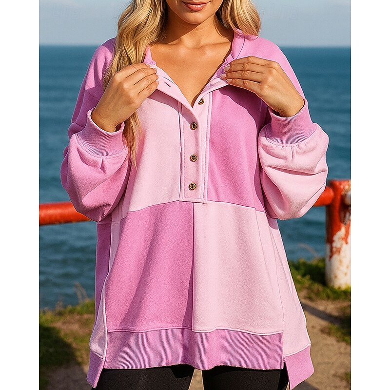 Women's Pullover Sweatshirt Casual Tops Buttons Long Sleeve Top Athleisure Fall Color Block Breathable Outdoor Jogging Running Sportswear Activewear Black Pink Blue