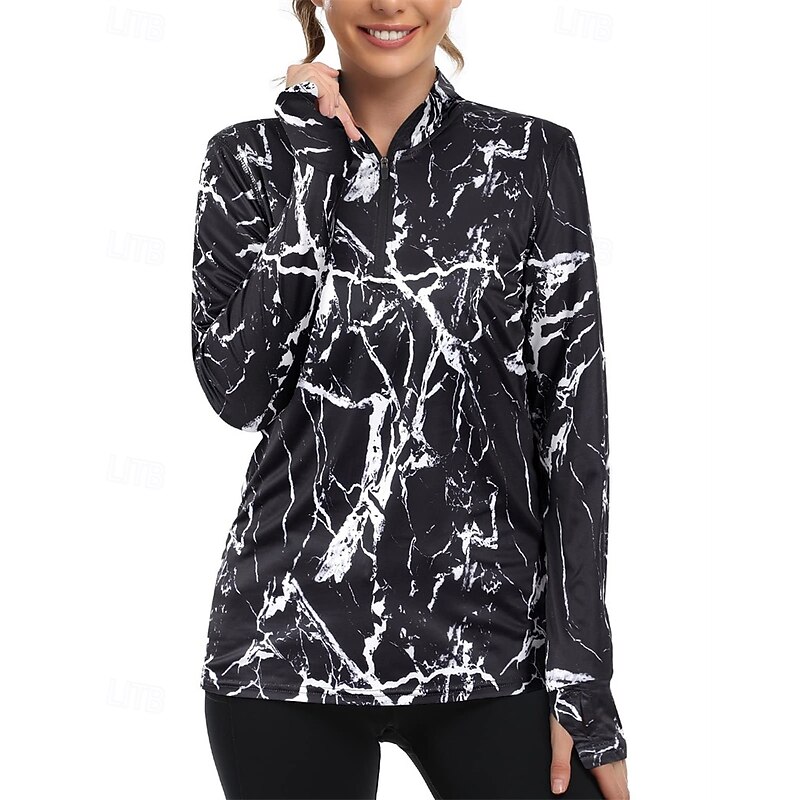 Women's Abstract Art Golf Polo Shirt Tennis Shirt Long Sleeve Print Quarter Zip Pullover UV Protection Elastic Breathable Tennis Golf Pickleball Zip Collar Shirt Polo Black Blue Tennis Clothing4