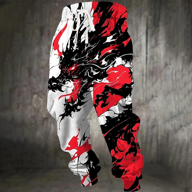Men's Animal Dragon Dark Sweatpants Joggers Trousers Mid Waist Drawstring Elastic Waist Casual Jogging Streetwear Workout Athletic Sweatpants with Pockets Spring Fall 3D Print White3