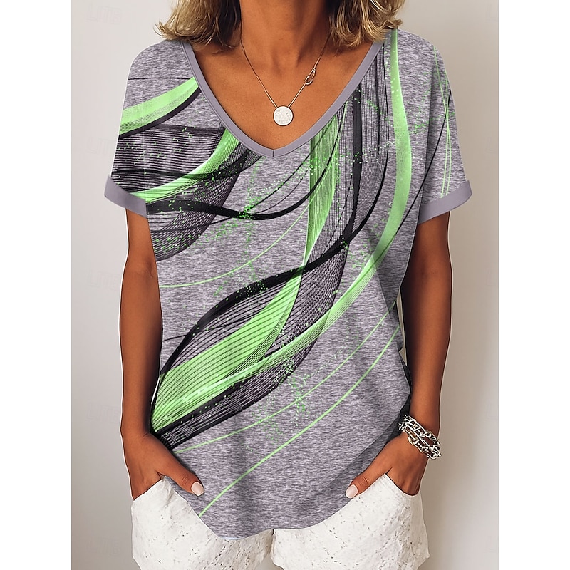 Women's T Shirt Graphic Abstract Vintage Stylish Modern Short Sleeve V Neck Regular Tops Daily Weekend Vacation Wear Print Blue Purple Gold Green Summer4