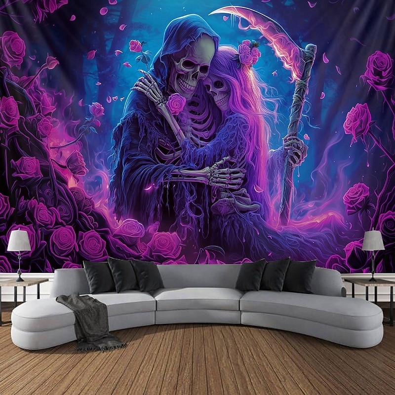 Halloween Wall Tapestry Neon Grim Reaper with Hourglass Design, Glowing Blacklight Decoration for 2025 Halloween Bedroom, Living Room, Dorm, or Party Backdrop