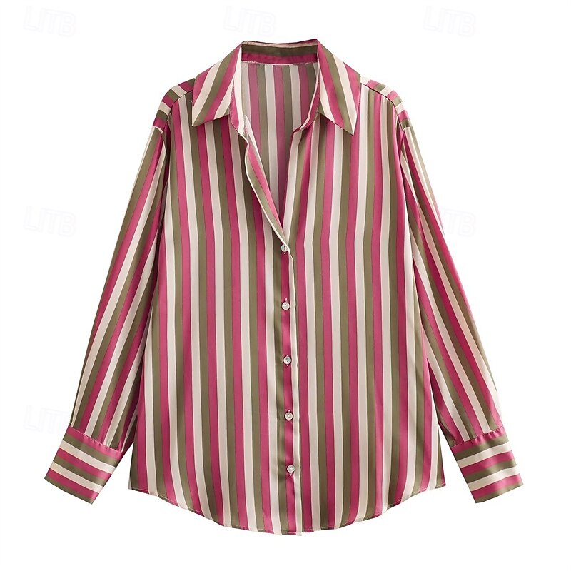 Women's Shirt Striped Daily Stylish Basic Long Sleeve Shirt Collar Regular Tops Work Daily Holiday Buttons Pink Blue Green Spring Fall3