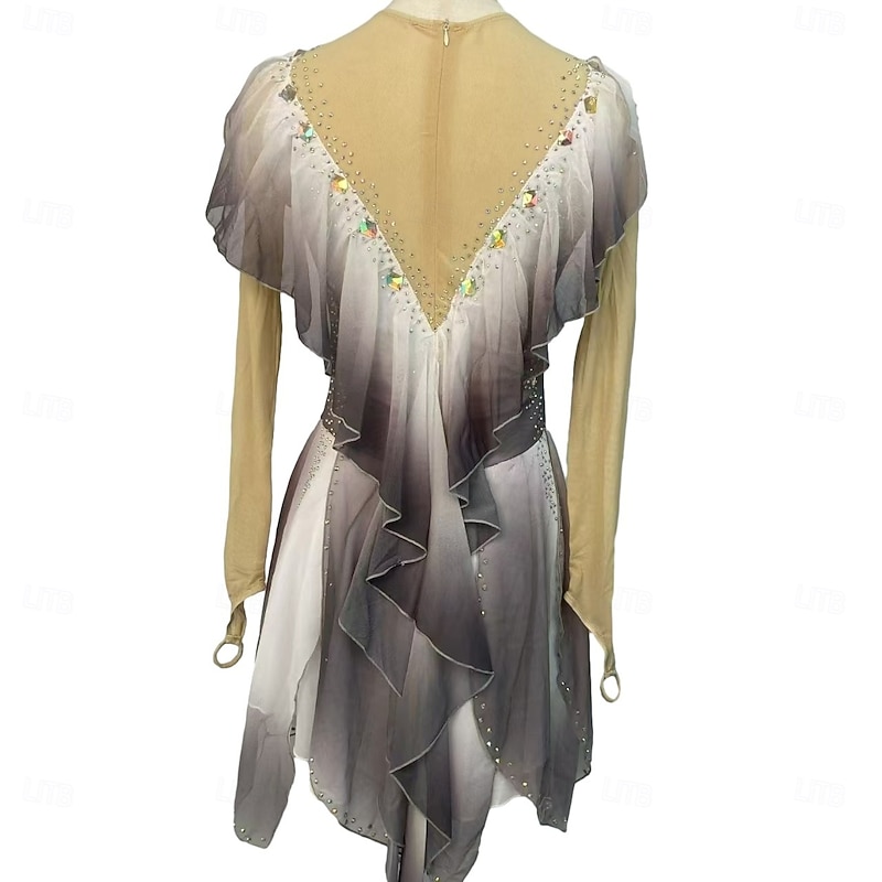 Figure Skating Dress Women's Girls' Ice Skating Dress Outfits Grey Mesh Spandex High Elasticity Competition Skating Wear Handmade Crystal / Rhinestone Long Sleeve Ice Skating Figure Skating4