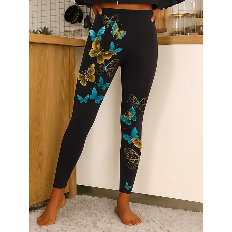 Women's Leggings Vacation Vintage Ethnic Style Ankle-Length High Waist Graphic Animal Butterfly 3D Print Quick Dry Breathability Soft Stretchy Outdoor Home Causal Yellow Blue Purple Fall Slim Fit2