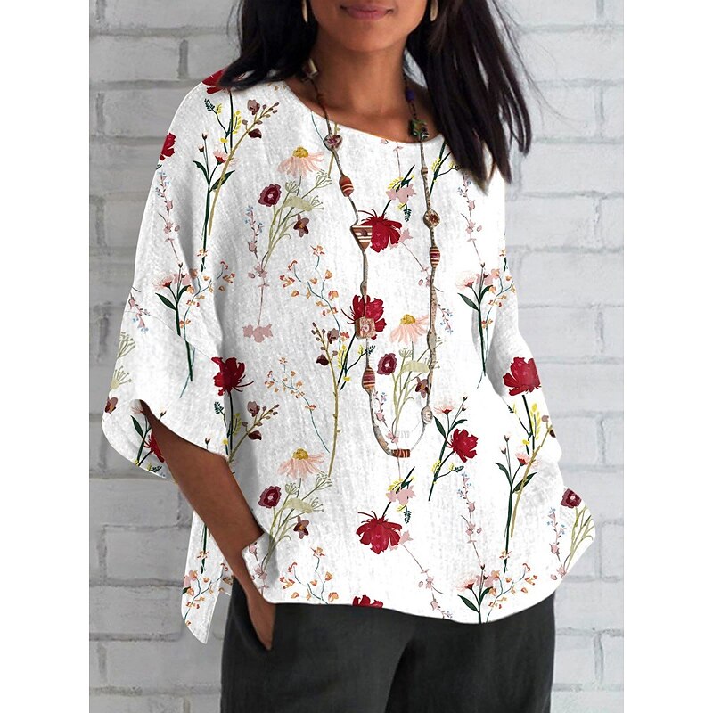 Women's Shirt Floral Daily Casual 3/4 Length Sleeve Crew Neck Regular Tops Daily Holiday Print White Yellow Red Blue Summer Spring Fall3