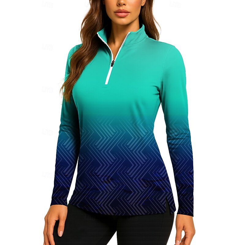 Women's Geometric Gradient Tops Golf Polo Shirt Tennis Shirt Long Sleeve Print Quarter Zip Pullover UV Protection Elastic Breathable Tennis Golf Pickleball Stand Collar Zip Collar Shirt Polo Blue