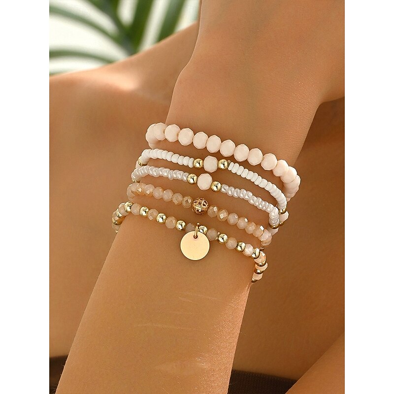 Women's 5-Piece Beaded Bracelet Set with Gold Accents and Charm Pendant, Boho Stackable Jewelry for Summer, Beach and Casual Outfits2