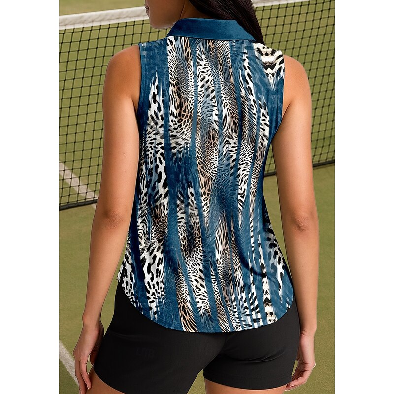 Women's Leopard Stripes Sport Shirt Golf Polo Shirt Tennis Shirt Sleeveless Zipper Floral UPF50+ UV Resistant High Elasticity Moisture Wicking Breathable Tennis Golf Pickleball Shirt Top Blue Tennis2