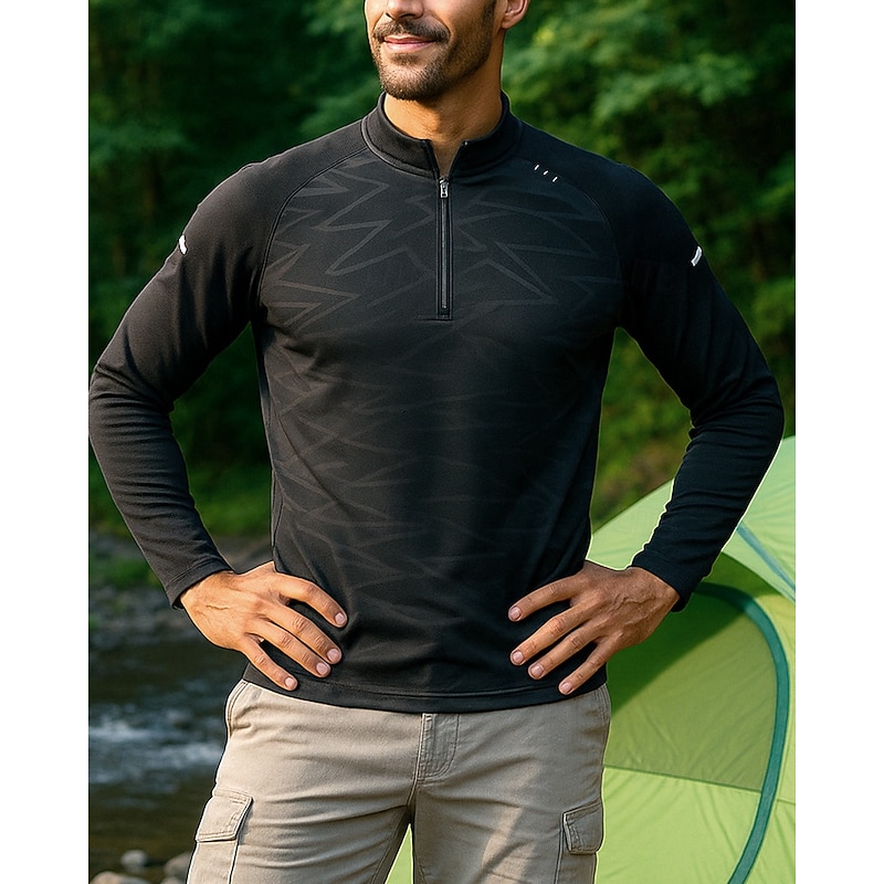 Men's Performance Shirt Long Sleeve Stand Collar Top Outdoor Quick Dry Polyester Black Tennis Workout Running