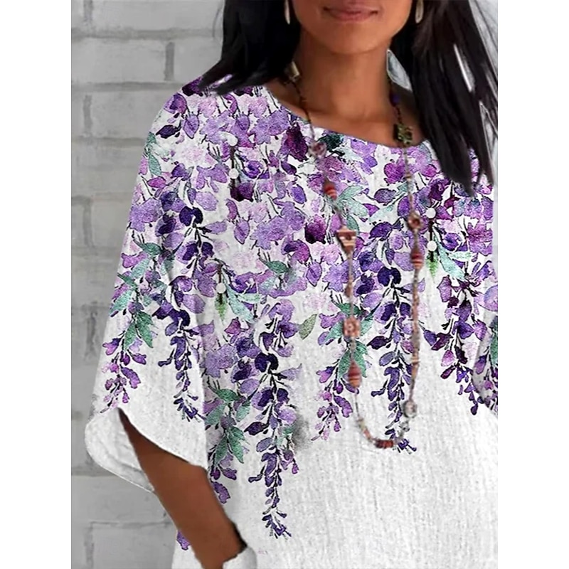 Women's T Shirt Ombre Floral Graphic Vintage Classic Casual 3/4 Length Sleeve Crew Neck Regular Tops Daily Weekend Beach Wear Print Violet Summer Spring Fall2