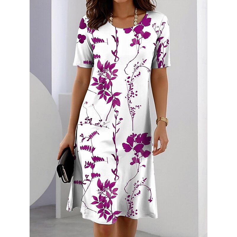 Women's Elegant Party Evening Midi Dress Crew Neck Short Sleeve A Line Dress Summer Dress Casual Daily Regular Fit Floral Graphic Red Blue Purple Green Summer Spring2
