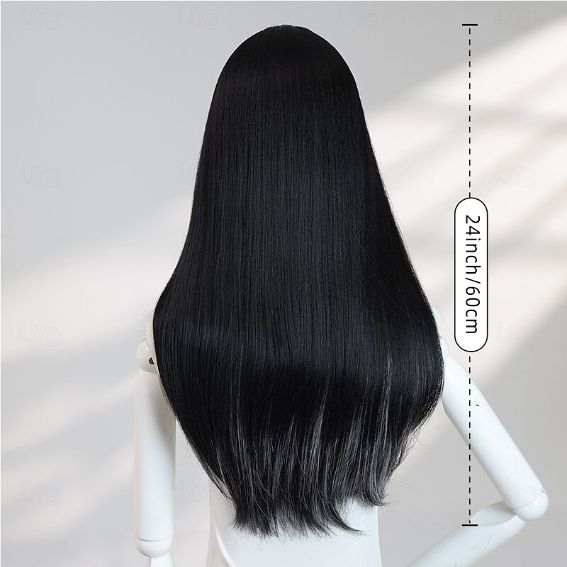 24-Inch Layered Straight Black Wig for Women – Full Bangs, Sleek Synthetic Hair, Perfect for Halloween Cosplay & Fashion4