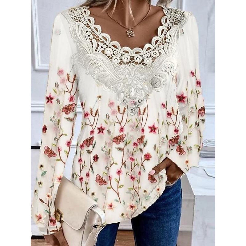 Women's Blouse Tunic Lace Splicing V Neck Long Sleeve T Floral Graphic Plants Casual Crew Neck Regular Tops Daily Lace Eyelet Dusty Blue off-white Gray Spring Fall2