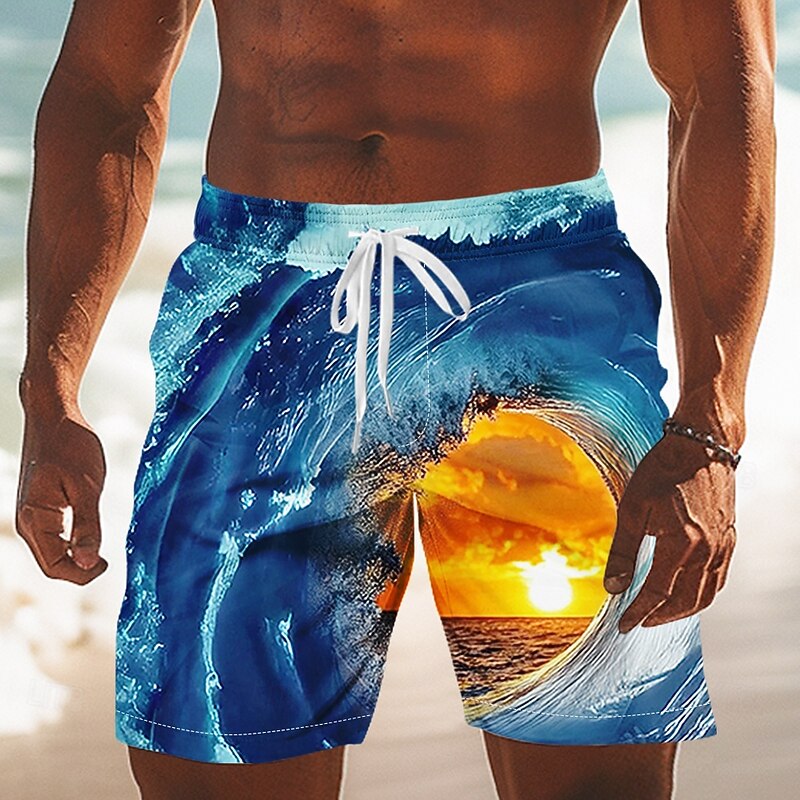 Men's Optical Illusion Ocean Sunset Swim Trunks Swim Shorts Board Shorts Mid Waist Streetwear Hawaiian Vacation Side Pockets Mesh Lining Elastic Drawstring Waist Designer Clothing Apparel3