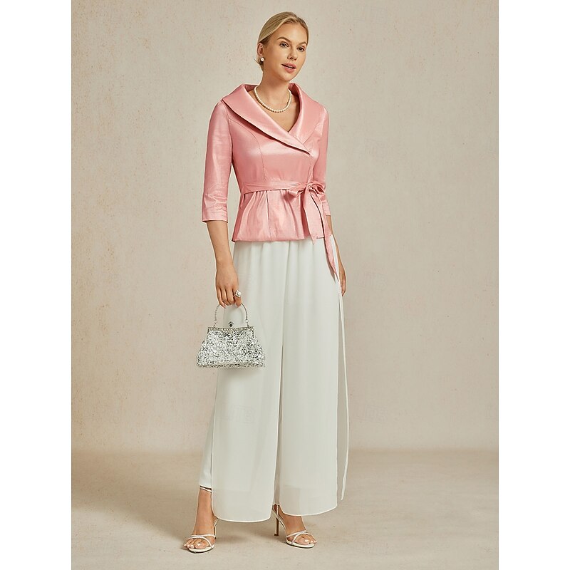Women's Blouse Evening Tops Elegant Metallic Stylish 3/4 Length Sleeve V Neck Regular Tops Wedding Guest Evening Party Semi Formal Tie Front Sunlit Rose Spring, Fall, Winter, Summer2