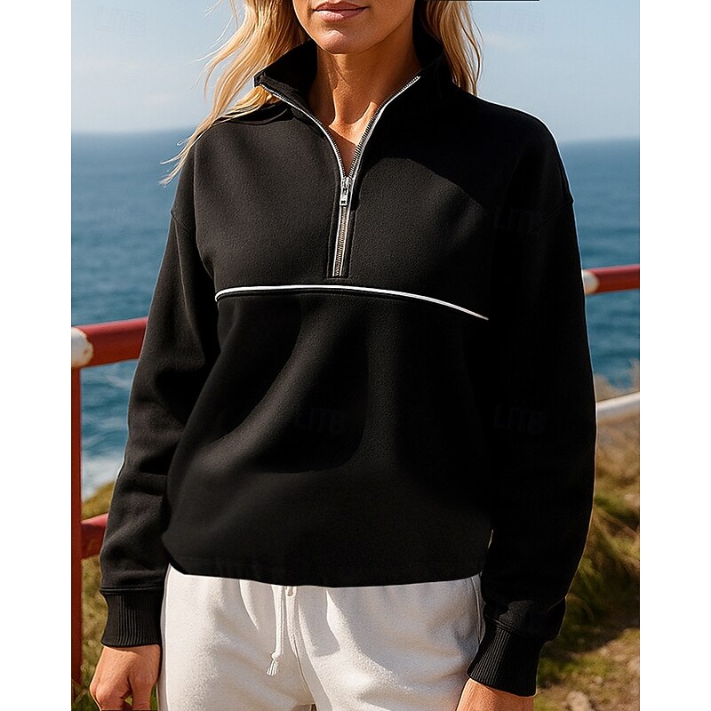 Women's Pullover Sweatshirt Casual Hoodies Half Zip Long Sleeve Top Athleisure Fall Solid Colored Sun Protection Windproof Outdoor Jogging Running Sportswear Activewear Black White Khaki3