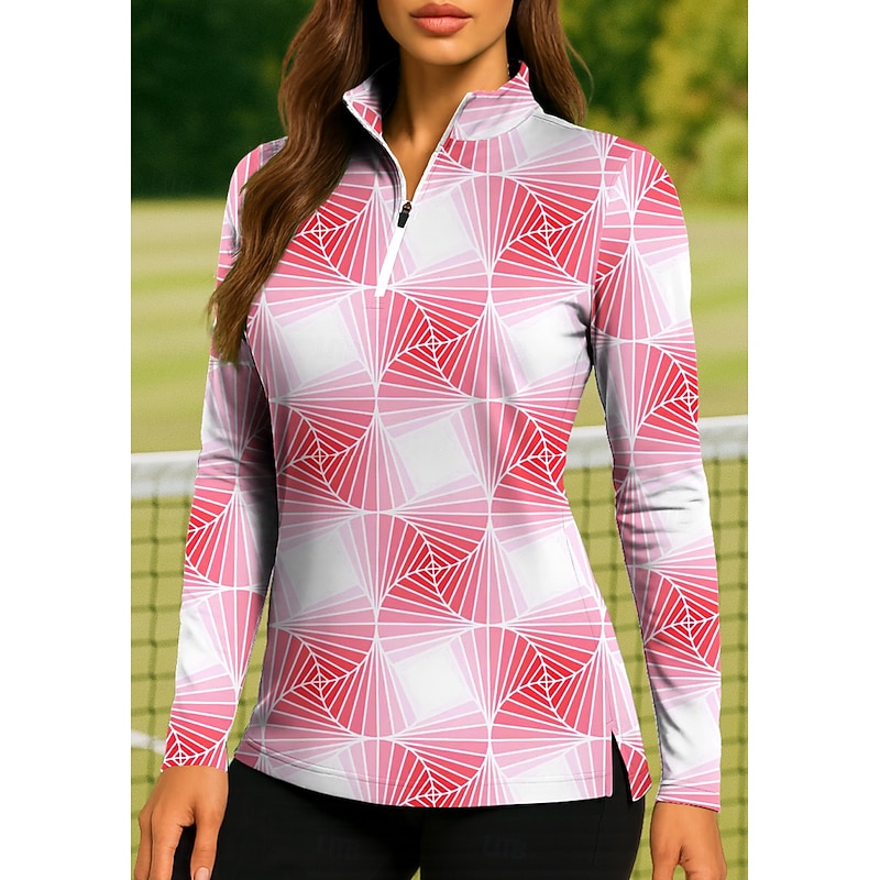 Women's Gradient Tops Golf Polo Shirt Tennis Shirt Long Sleeve Print Quarter Zip Pullover UV Protection Elastic Breathable Tennis Golf Pickleball Stand Collar Zip Collar Shirt Polo Black Yellow Pink3