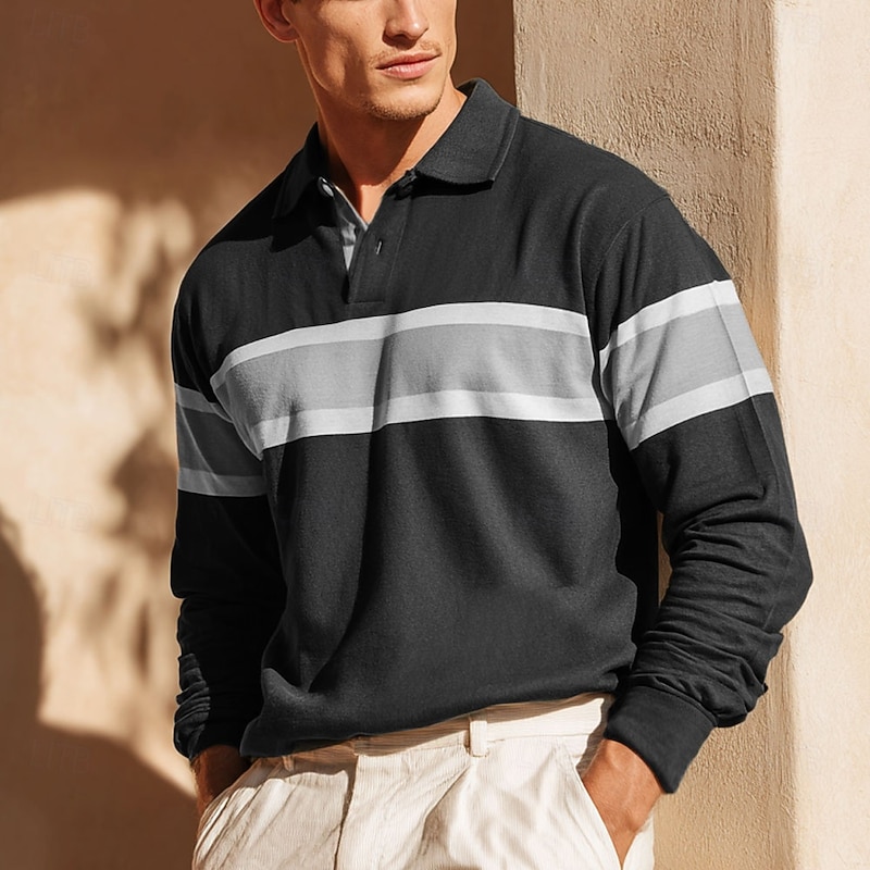 Men's Horizontal Stripes Rugby Polo Long Sleeve Polo Shirts Collared Shirts Sportswear Casual School Outdoor Athleisure 3D Print Spring Fall Winter Black Blue Brown4