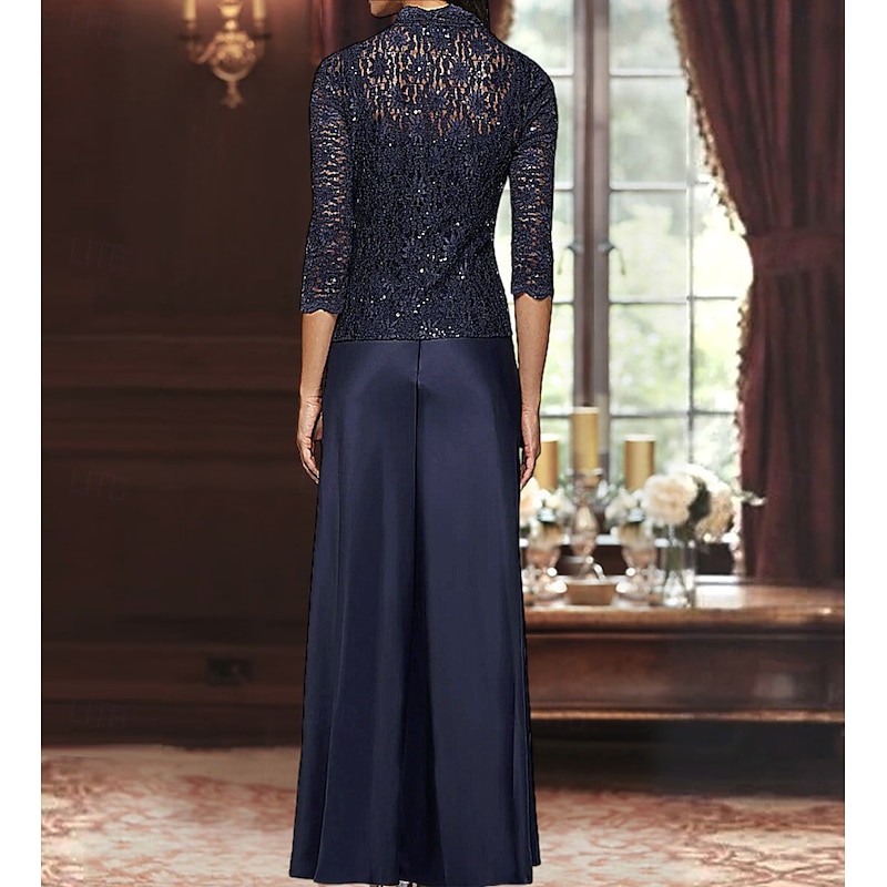 A-Line 3 Piece Mother of the Bride Dress Formal Wedding Guest Elegant Simple Luxurious Square Neck Floor Length Satin Lace 3/4 Length Sleeve with Lace Sequin2