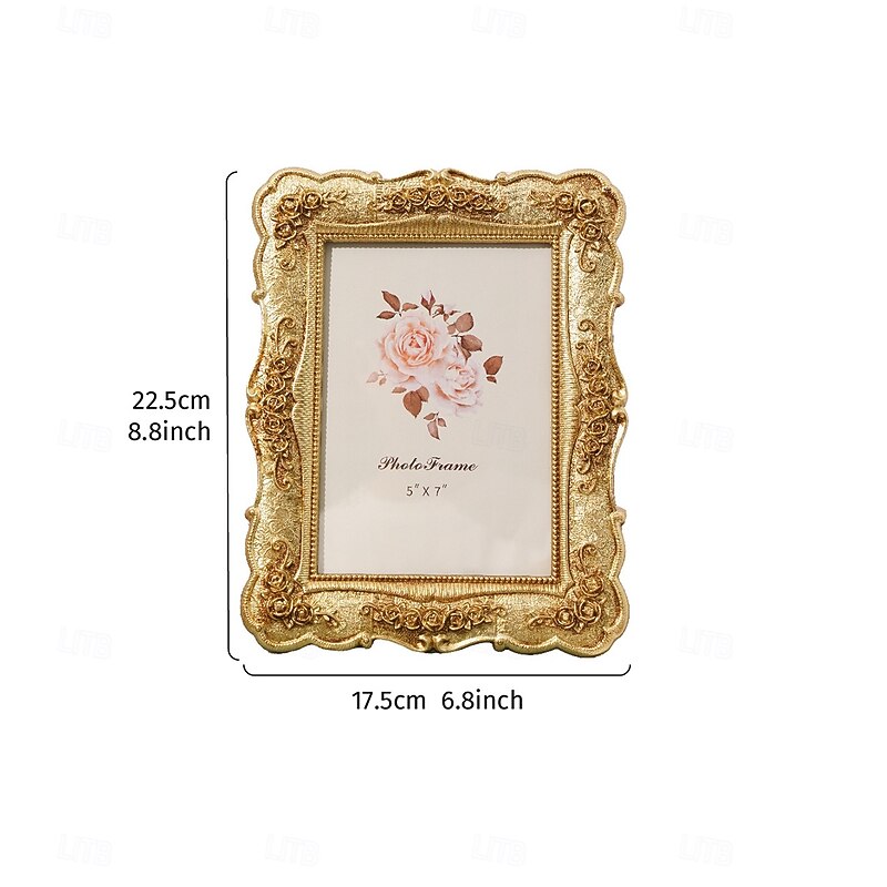 e Gold Rose Embossed Photo Frame, Vintage Rectangular Resin Picture Frame with 3D Floral Design, Decorative Display Frame for Home, Portraits, or Photography Props3