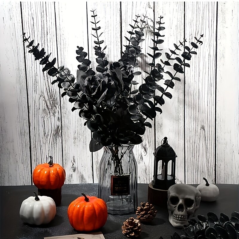 20pcs Gothic Black Eucalyptus Artificial Flowers  Perfect for DIY Arrangements & Halloween Decor