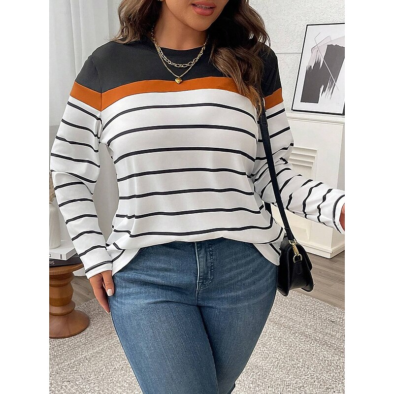 Women's Plus Size Tops T Shirt Geometry Print Long Sleeve Crew Neck Casual Daily Polyester Fall Winter Black White3