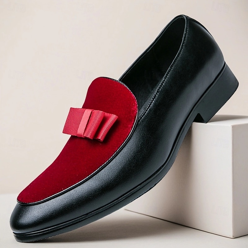 Men's Red Velvet Bow Loafers – Elegant Slip-On Party Shoes for Weddings, Dinners & Prom Nights