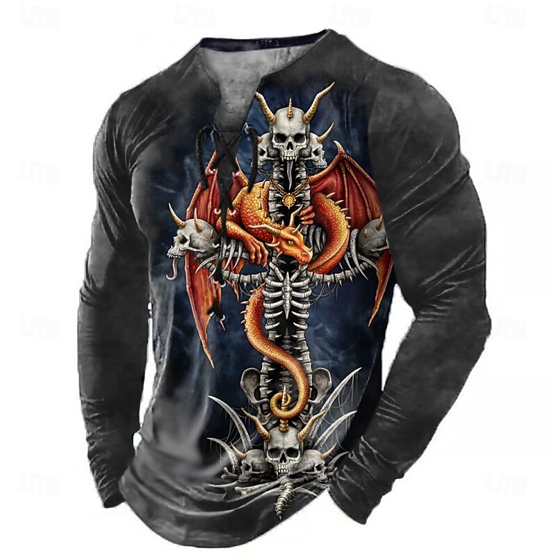 Sarah Richter Halloween Men's Skull 3D Henley Shirt T shirt Tee Long Sleeve T shirt 3D Print Lace Up Neck Henley Shirt Fashion Casual Vintage Retro Tee3