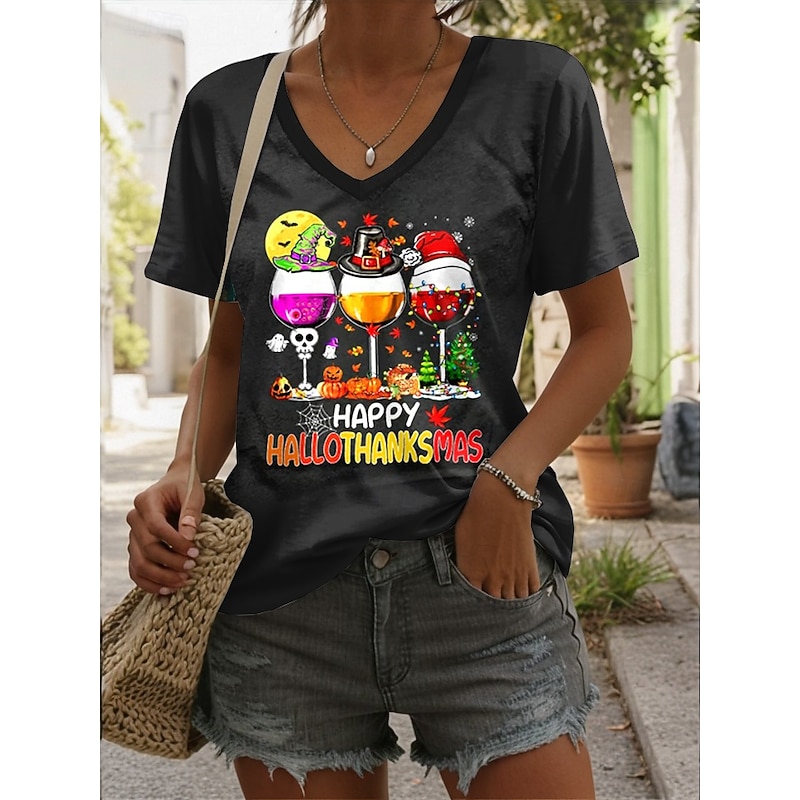 Halloween Women's T Shirt Graphic Letter Halloween Vintage Stylish Classic Short Sleeve V Neck Regular Tops Daily Print Black Pink Blue Purple Orange Summer Spring