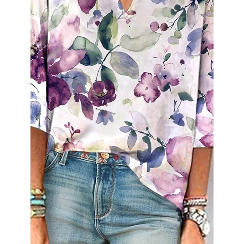 Women's Blouse Button Down Floral Graphic Elegant Stylish Basic 3/4 Length Sleeve V Neck Regular Tops Daily Holiday Going out Print Wine Purple Green Summer Spring3