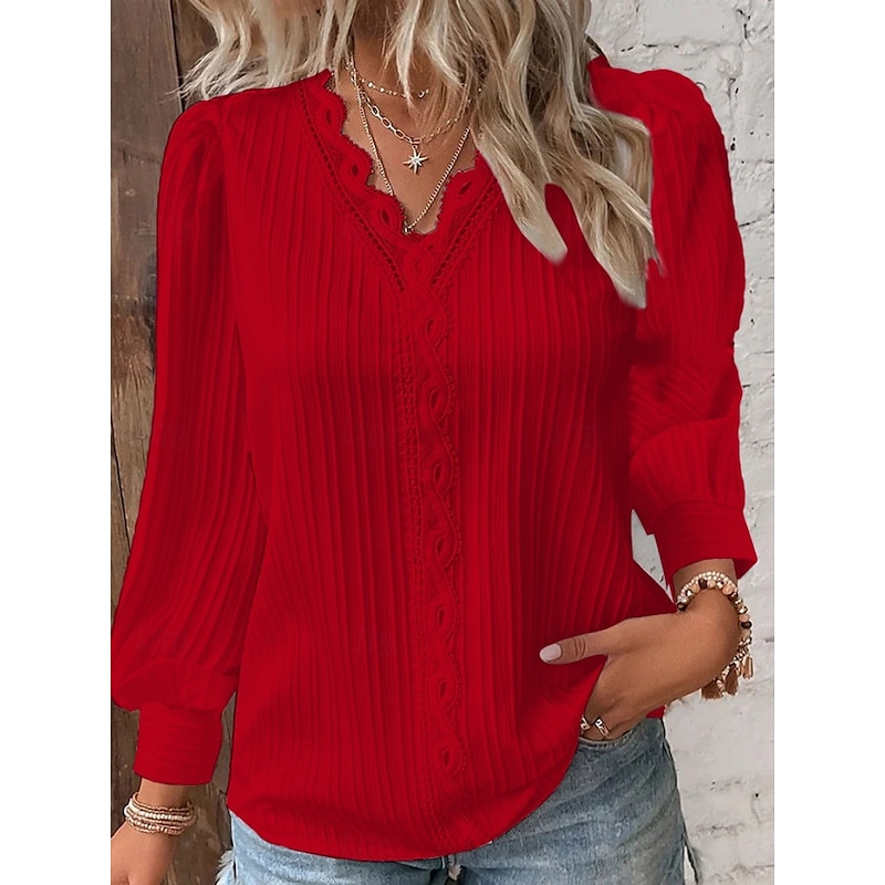 Women's Lace Shirt Solid Color Elegant Stylish Basic Long Sleeve V Neck Regular Tops Daily Lace Patchwork White Red Purple Orange Green Summer Spring Fall4