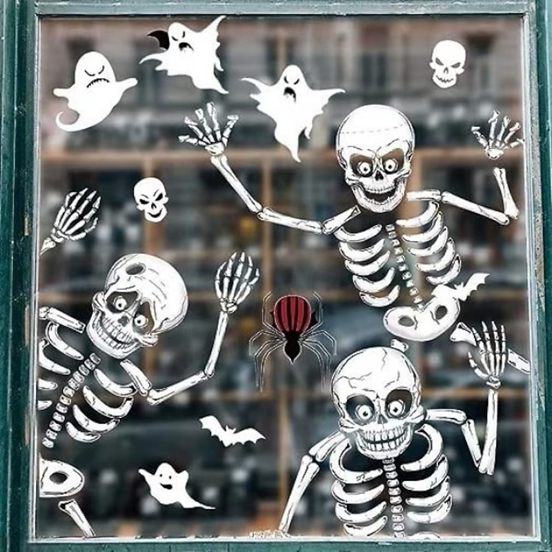 4 Sheets Halloween Skeleton and Ghost Window Decals Wall Sticker, Spooky Skull Pumpkin Spider Door and Wall Clings for Halloween Party Home Window Decorations