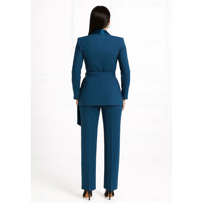 Women's 2 Pieces Suits Formal Wedding Guest Satin Elegant Minimalist Casual Long Sleeve Ankle Length Shawl Lapel Double Breasted2