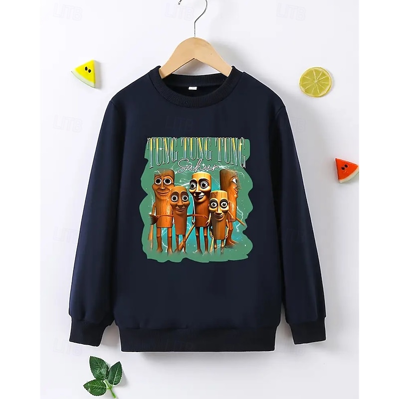 Boys' Long Sleeve Italian Brain Rot Element TUNG TUNG TUNG SAHUR Print Spring Fall Fashion Basic Kids 4-12 Years Crew Neck Outdoor Casual Daily Regular Fit3