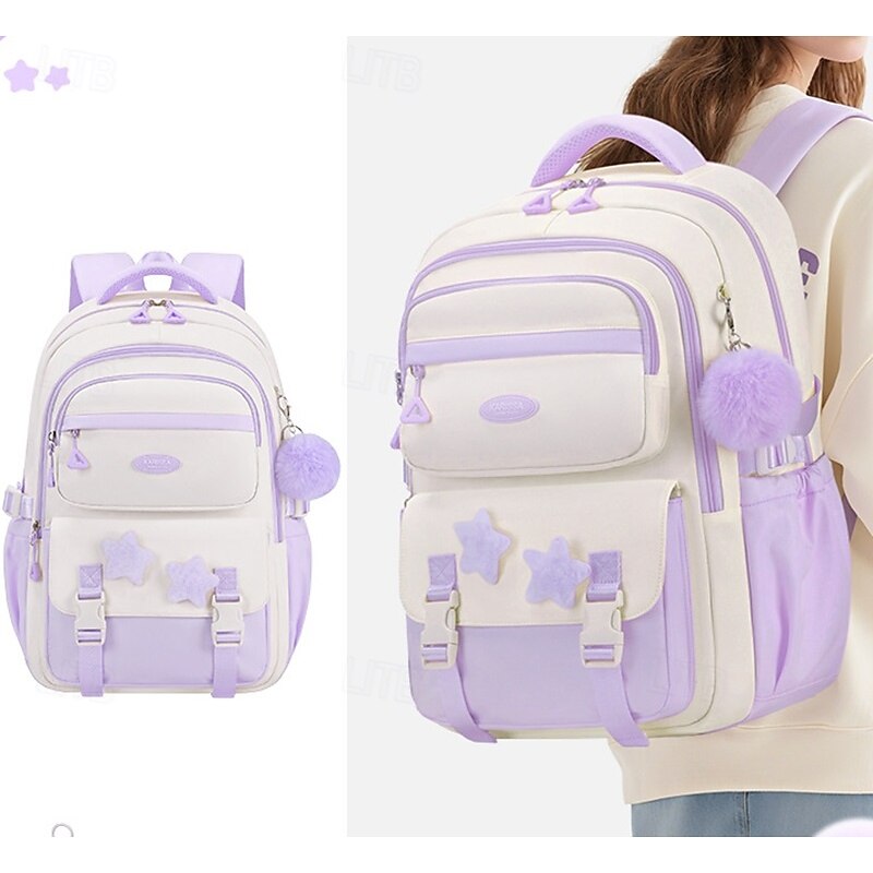 Girls' Red and White School Backpack – Cute Large Capacity Bookbag with Star Patches and Pom-Pom Charm for Teens3